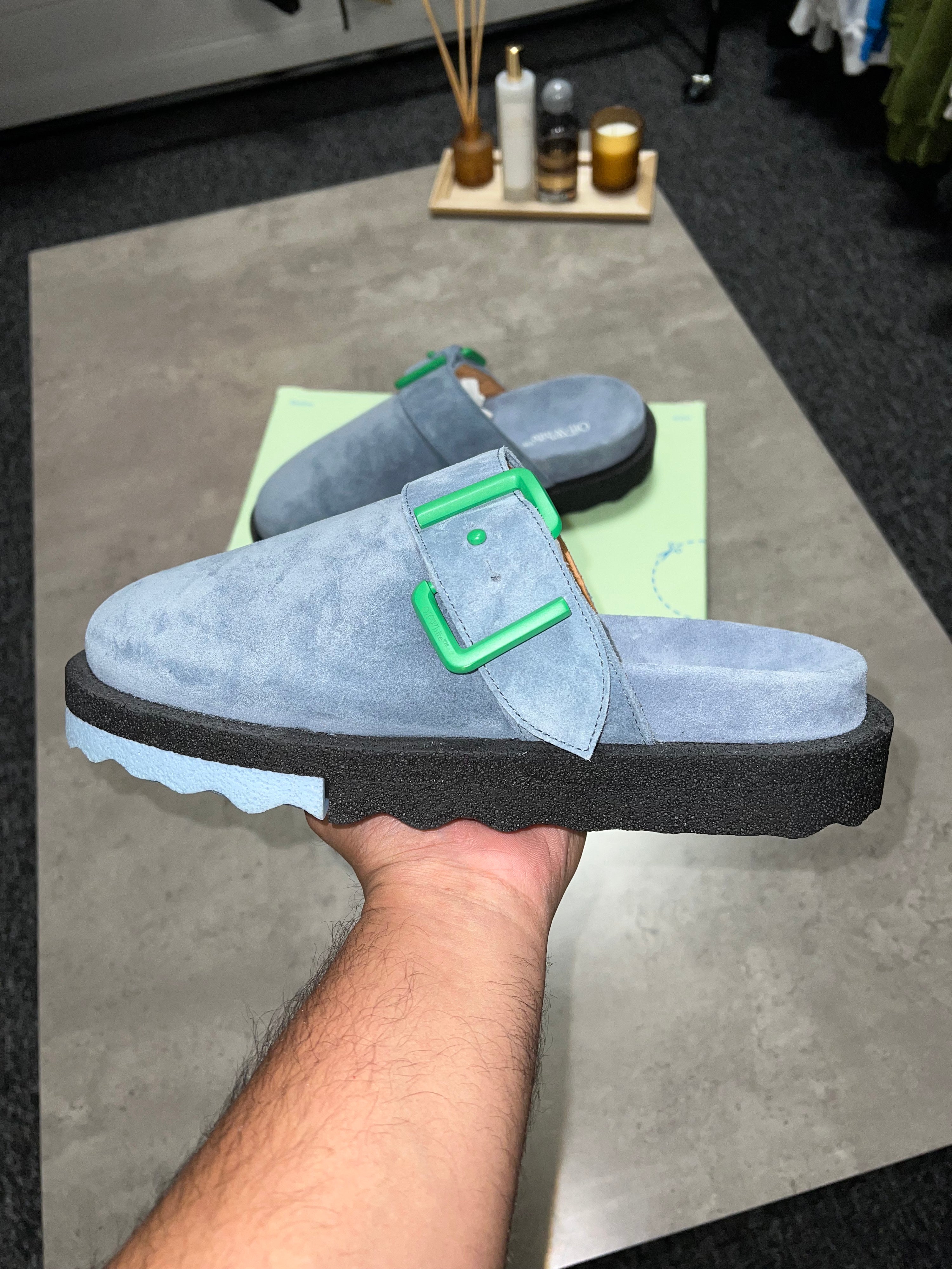 Off White Suede Spongesole Cloggs - Blue