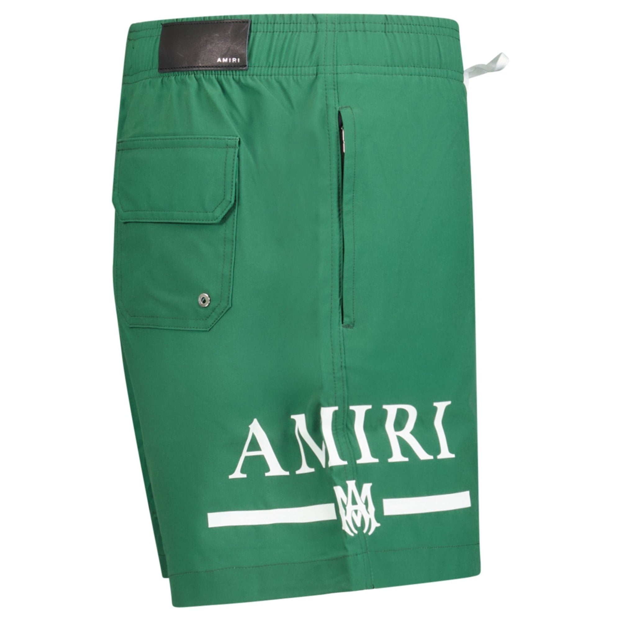 Amiri Ma Bar White Logo Drawstring Swim Shorts Military Green