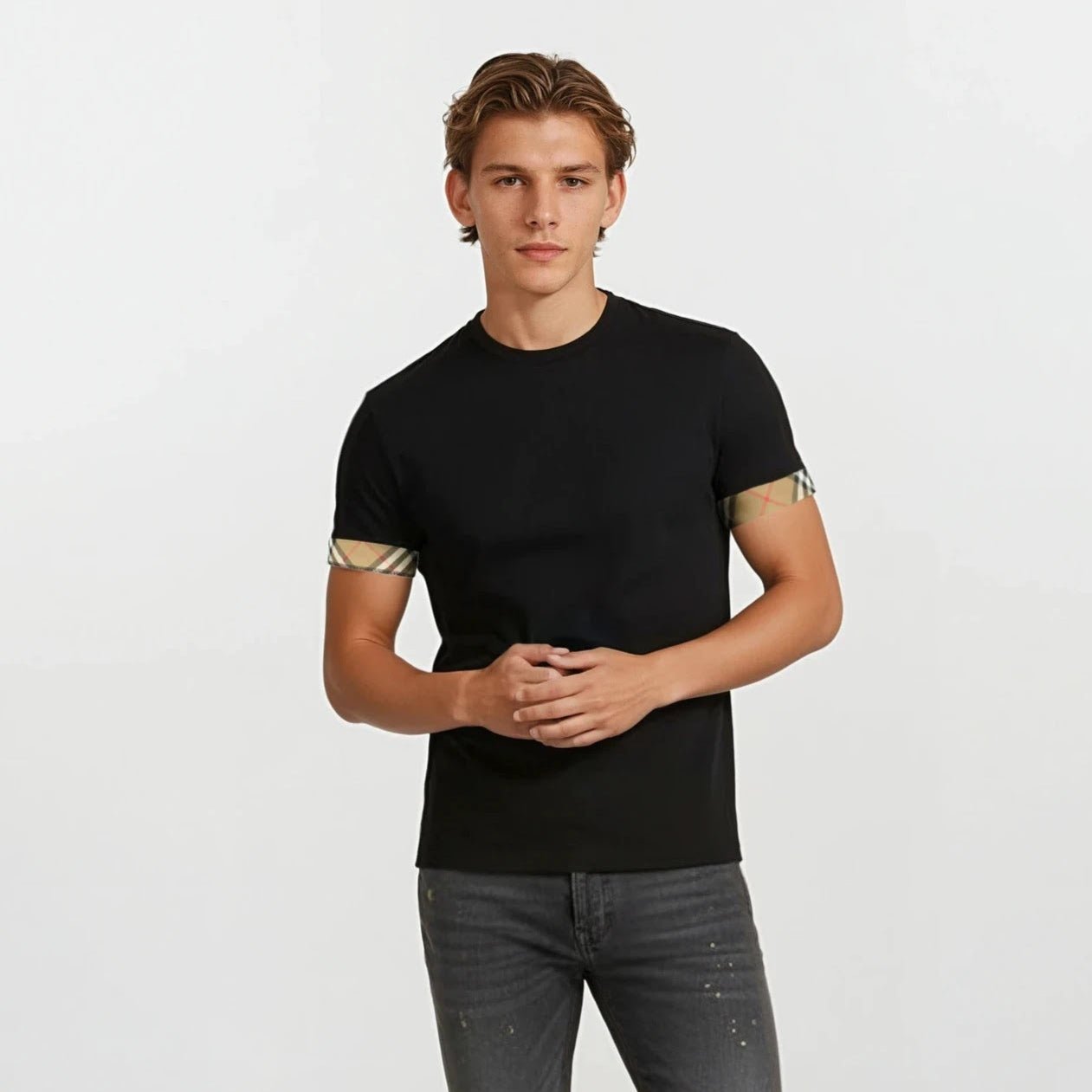 Burberry 'Ellison' Organic Cotton Check Sleeve Black