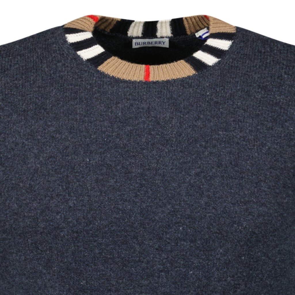 Burberry 'Noland' Knitted Wool/ Cashmere Jumper Check Neck Charcoal Grey