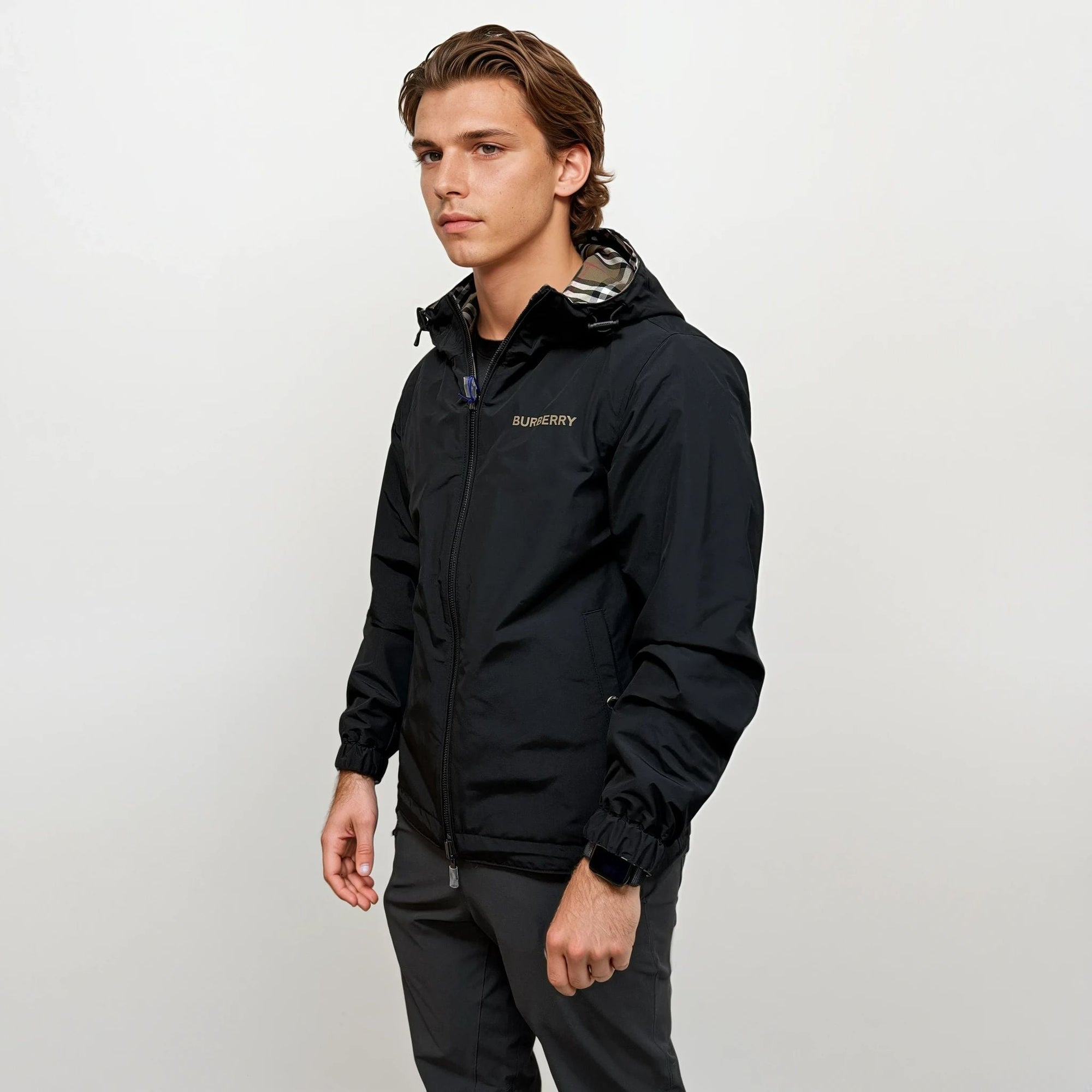 Burberry 'Stanford' Zip-Up Check Reversible Hooded Jacket Black & Check