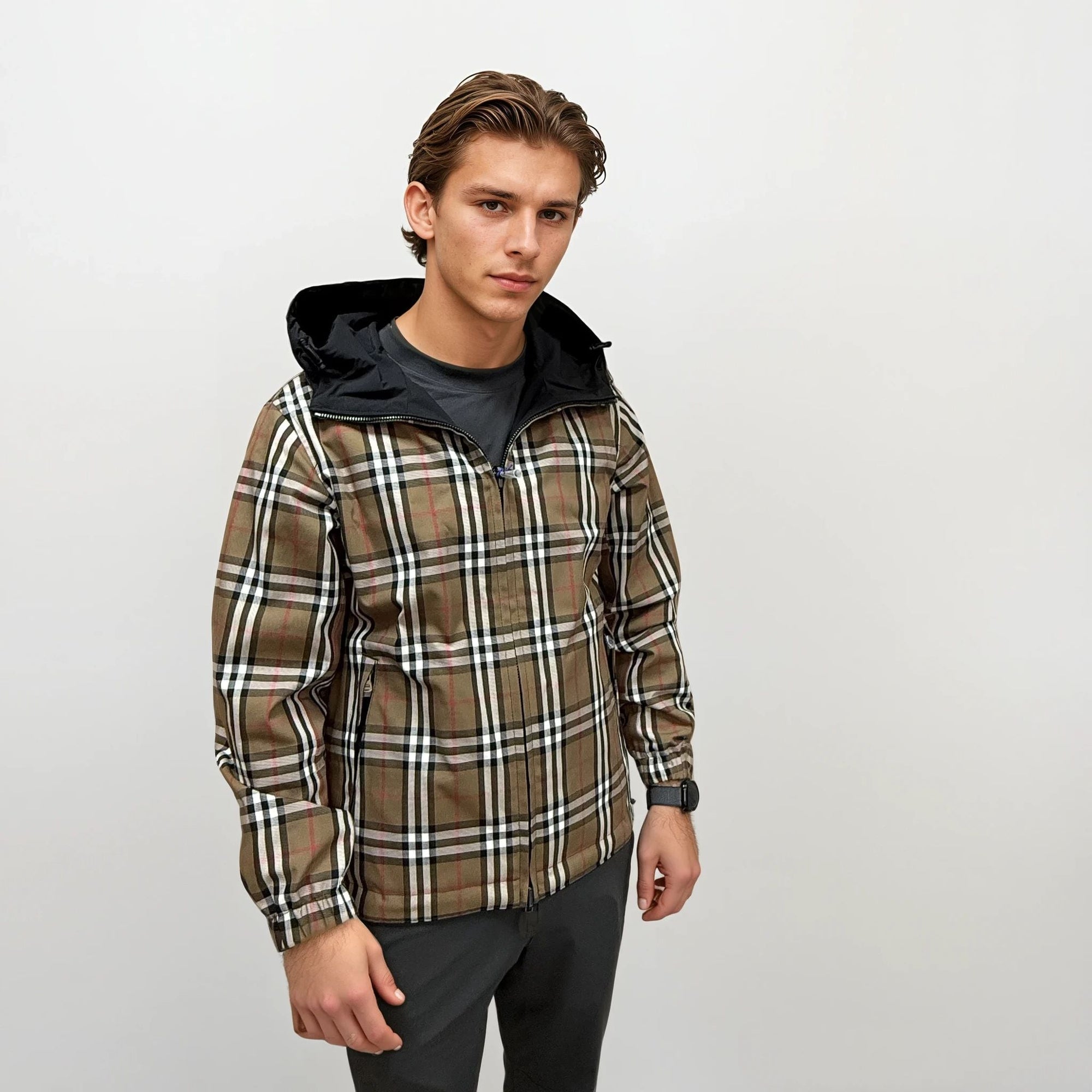 Burberry 'Stanford' Zip-Up Check Reversible Hooded Jacket Black & Check