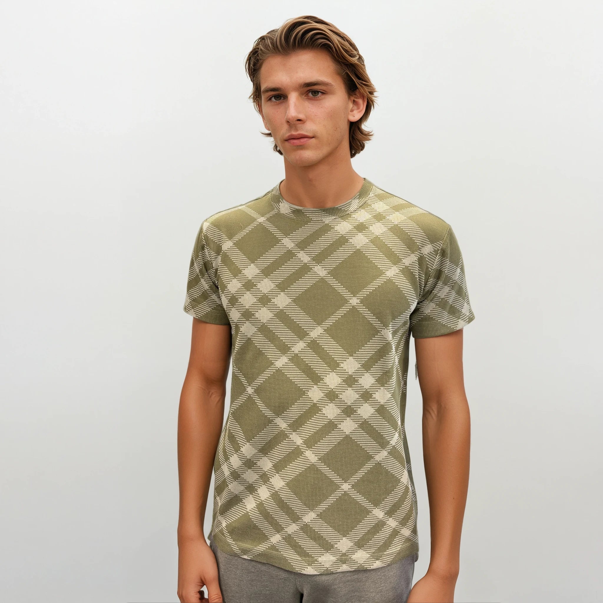 Burberry Check Stretch Cotton Blend T-Shirt in Dark Hunter/White