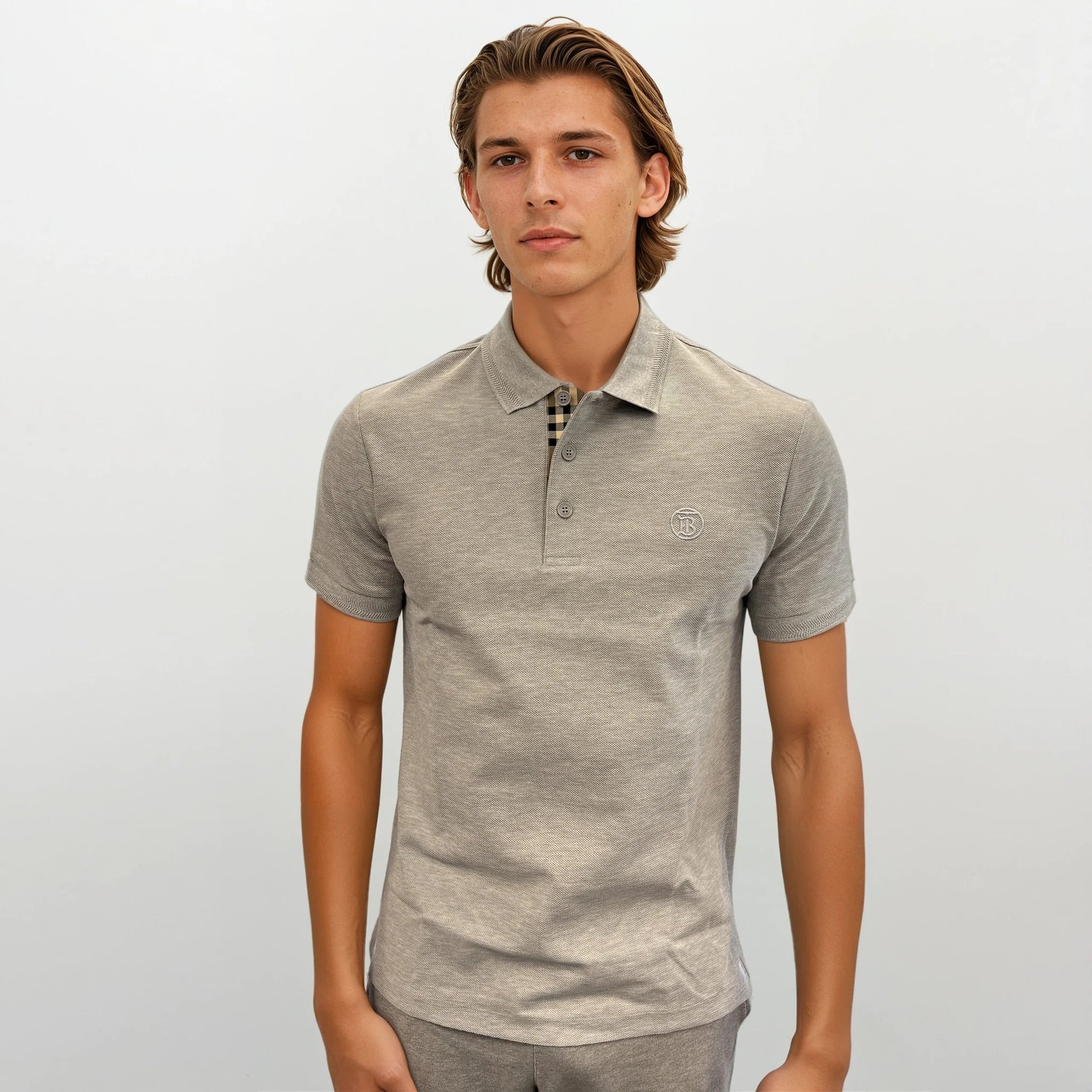 Burberry 'Eddie' TB Check Placket Polo-Shirt Grey