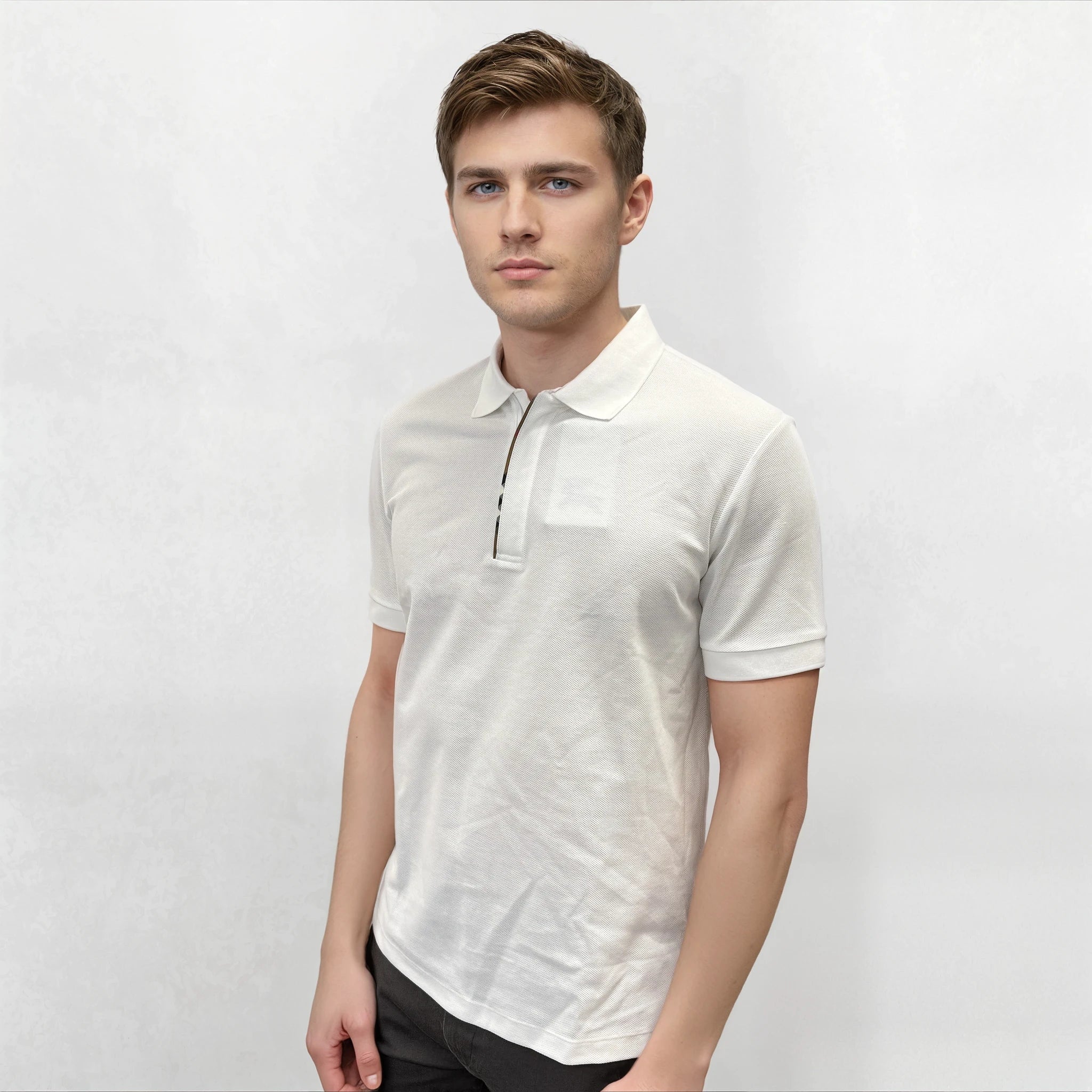 Burberry 'Hartford' Check Placket Zip Polo White