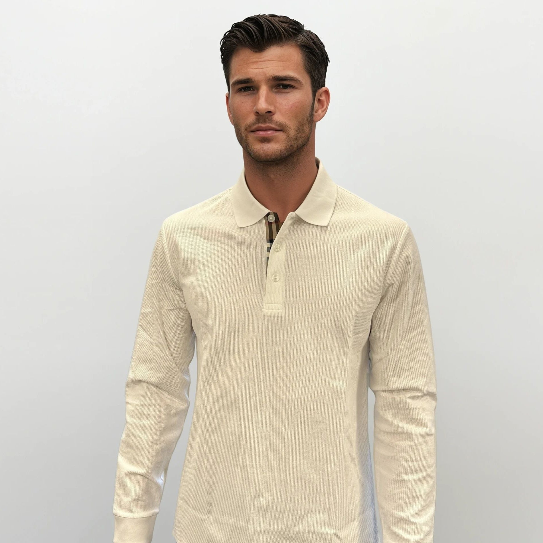 Burberry 'Hartford' Long Sleeved Check Placket Polo-Shirt White