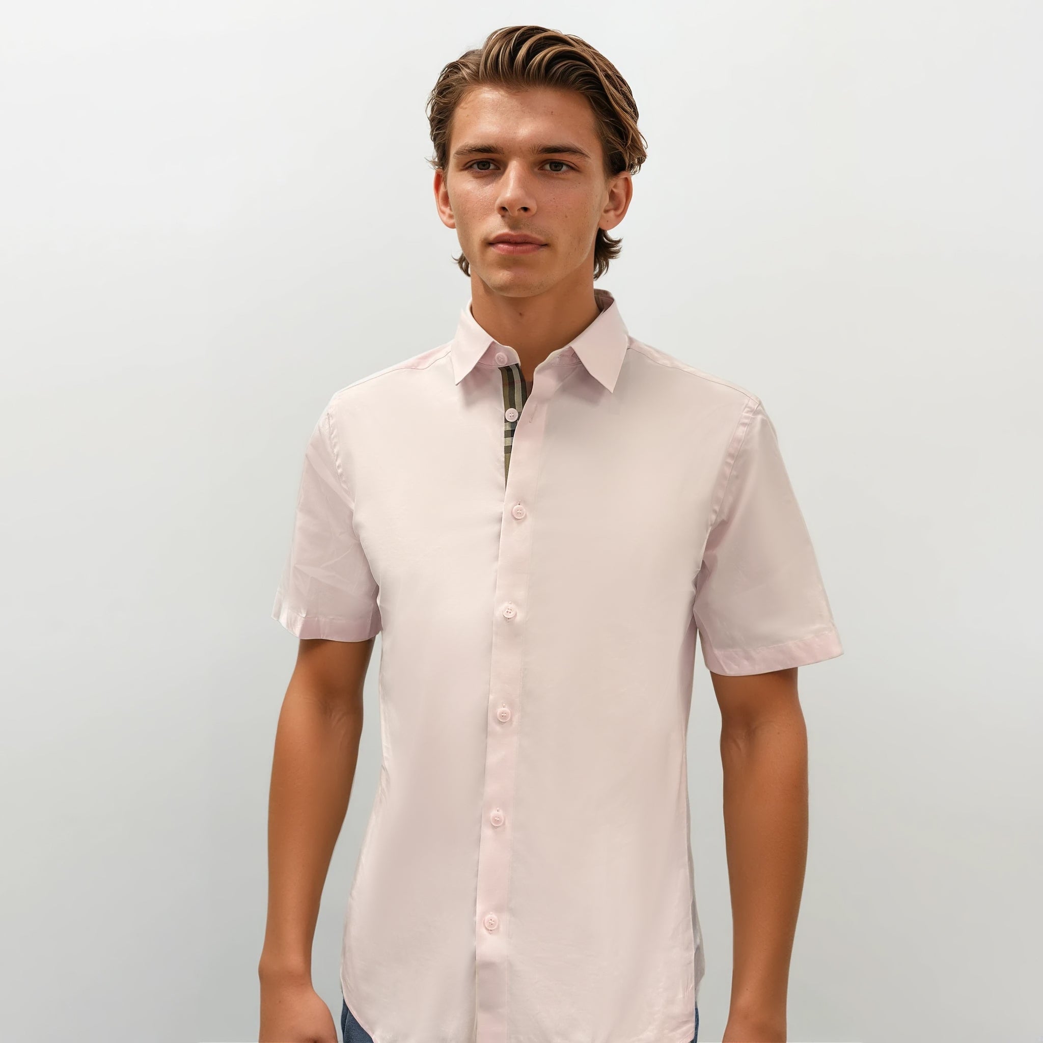 Burberry 'Shefford' Check Placket Short Sleeve Shirt in Pale Pink