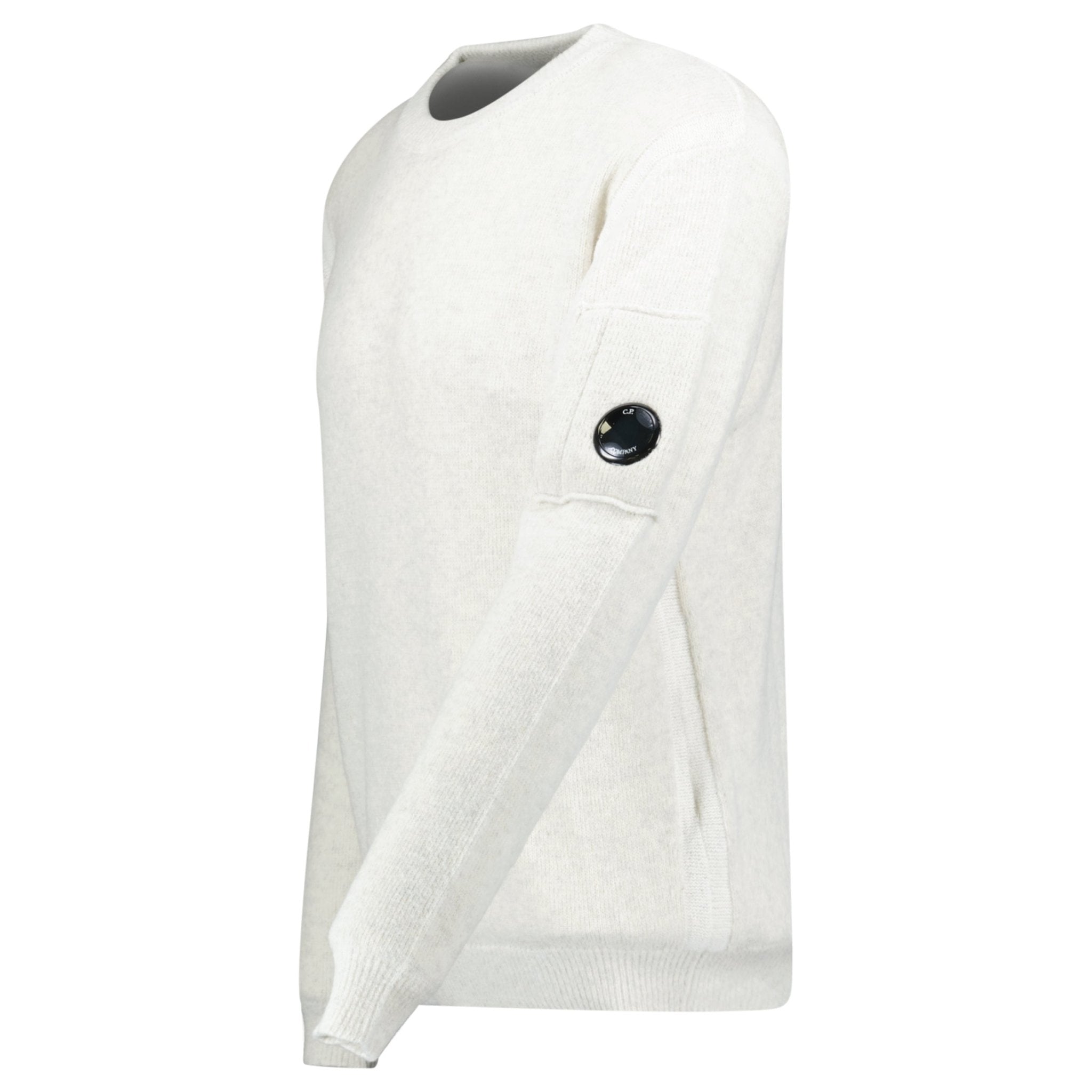 CP Company Fleece Knit Crewneck Vanisé Lens Knit Jumper White Melange