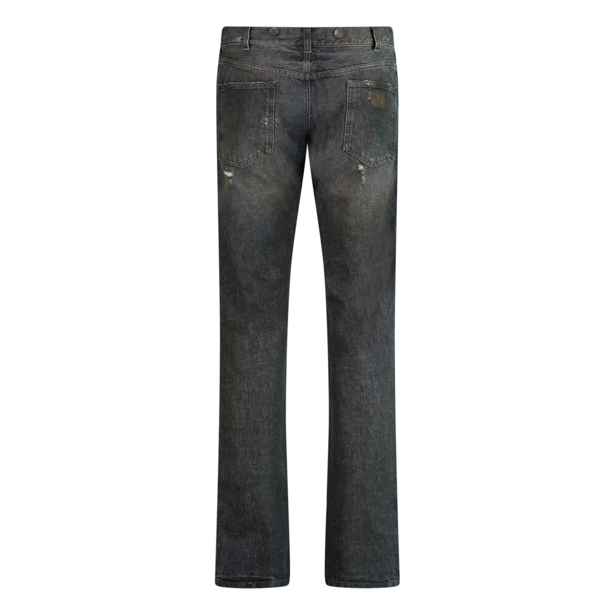 Dolce & Gabbana Leather Plaque Slim Dirt Look Grey Jeans