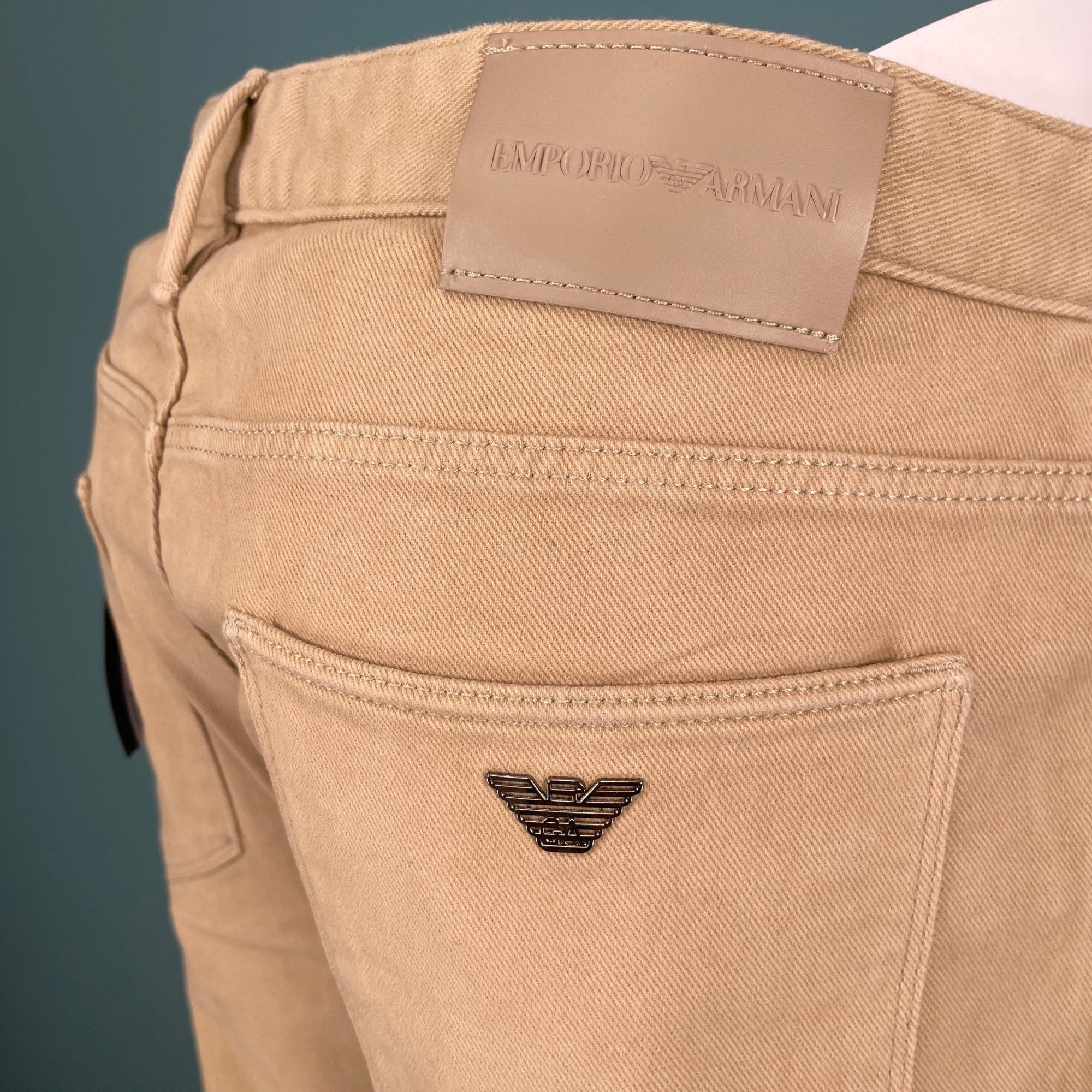 Emporio Armani J06 Slim Fit 5 Pocket Silver Eagle Belt Patch Jeans Beige