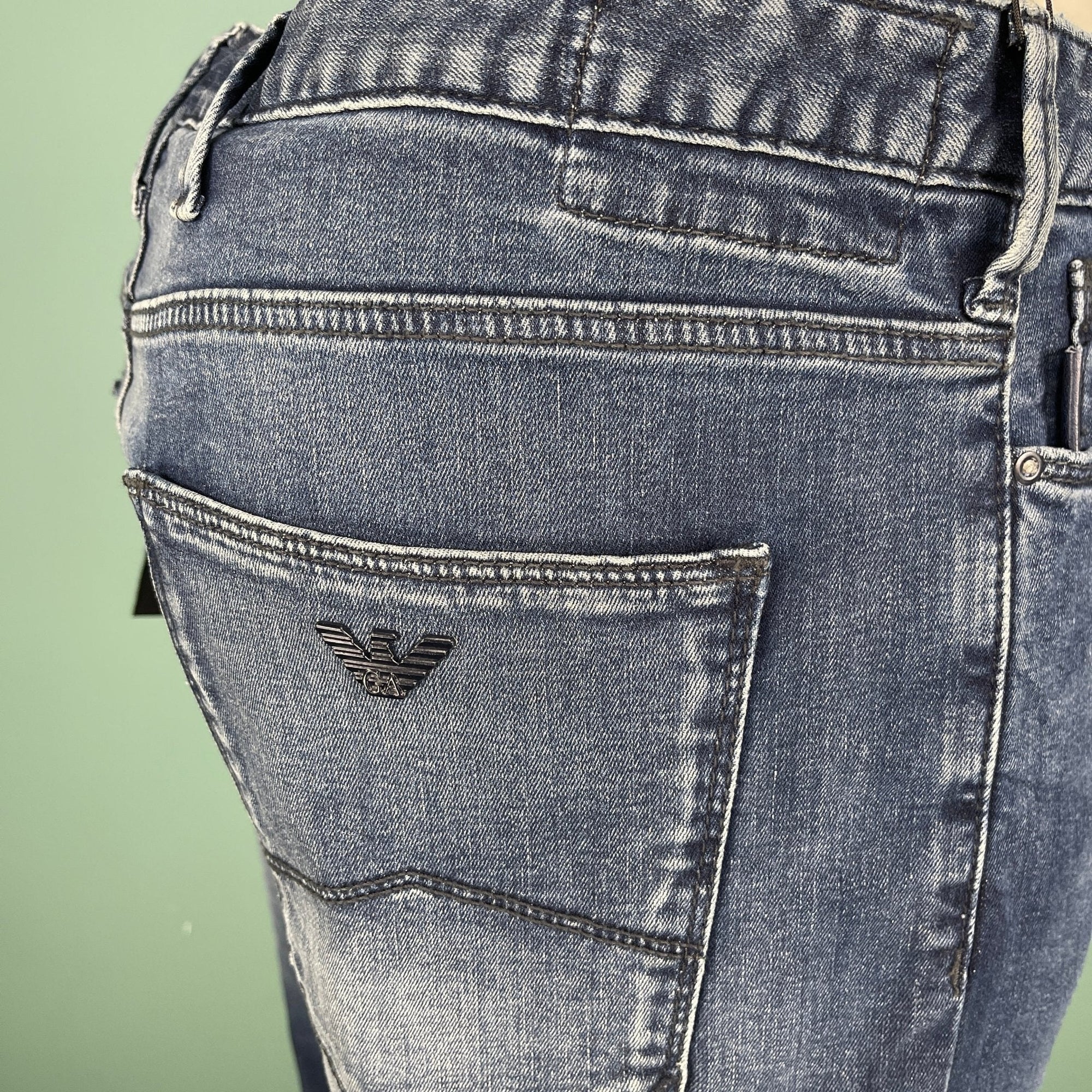 Emporio Armani J06 Slim Fit 5 Pocket Silver Eagle Belt Patch Jeans Blue