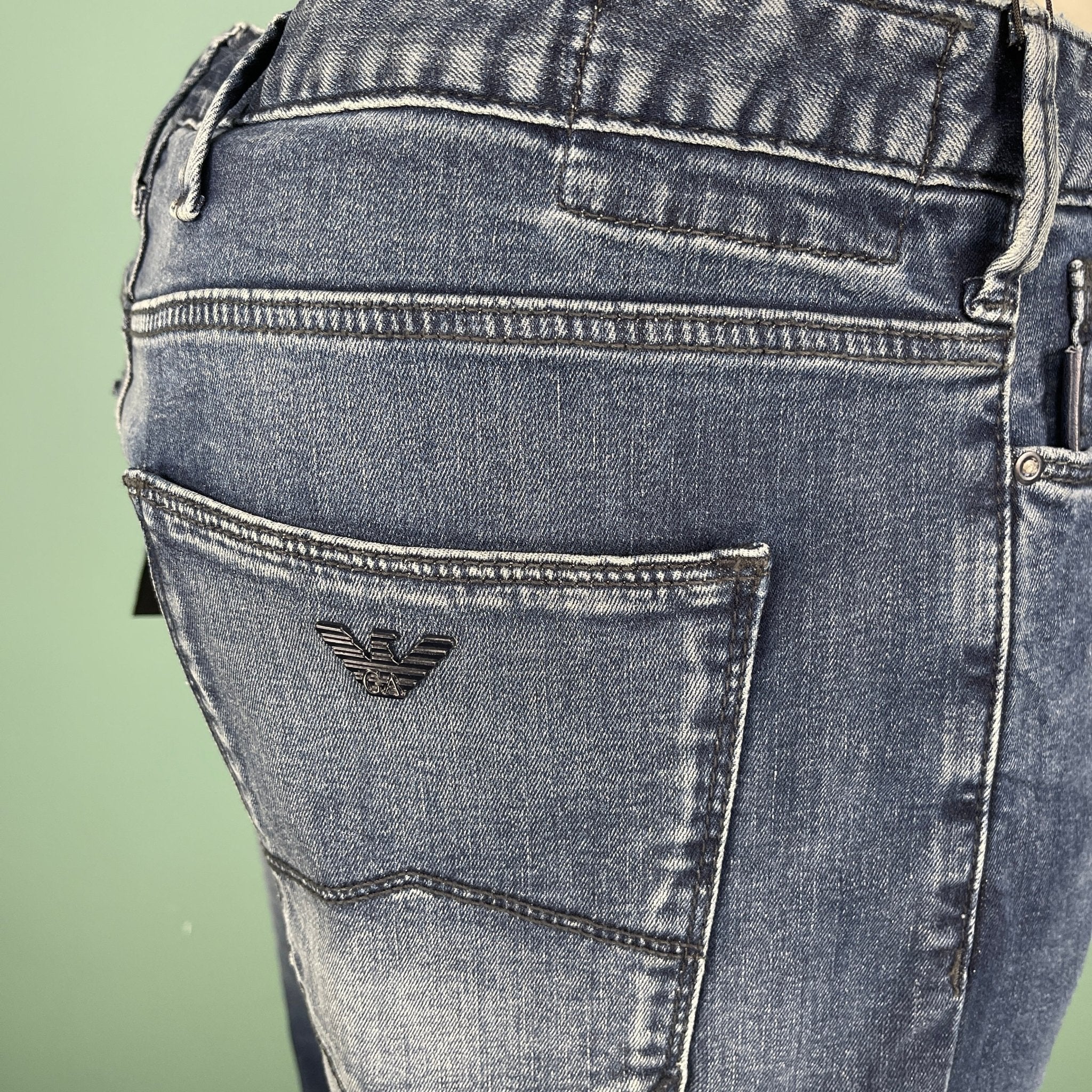 Emporio Armani J06 Slim Fit 5 Pocket Silver Eagle Belt Patch Jeans Blue