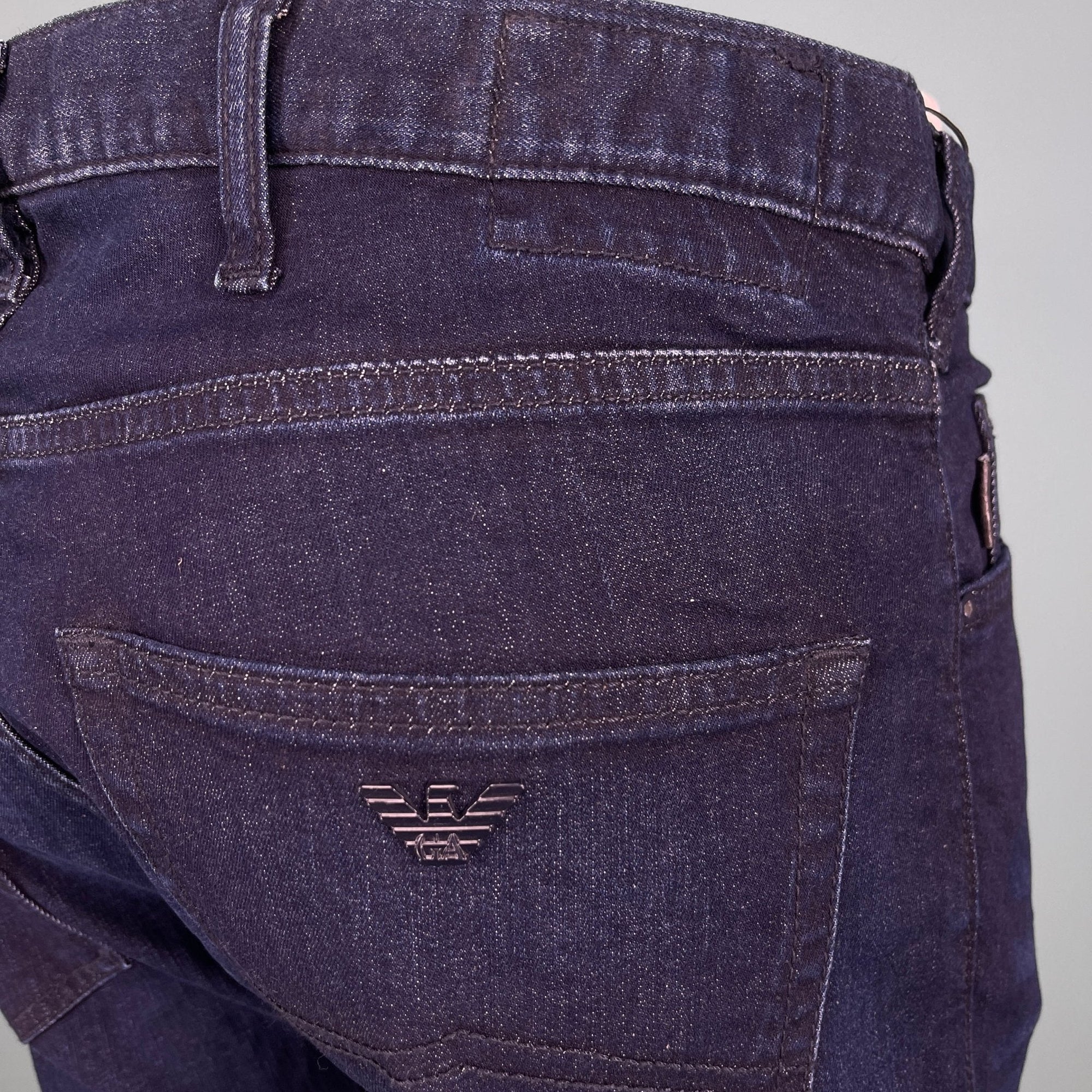 Emporio Armani J45 Regular Fit 5 Pocket Black Eagle Distressed Belt Patch Jeans Blue