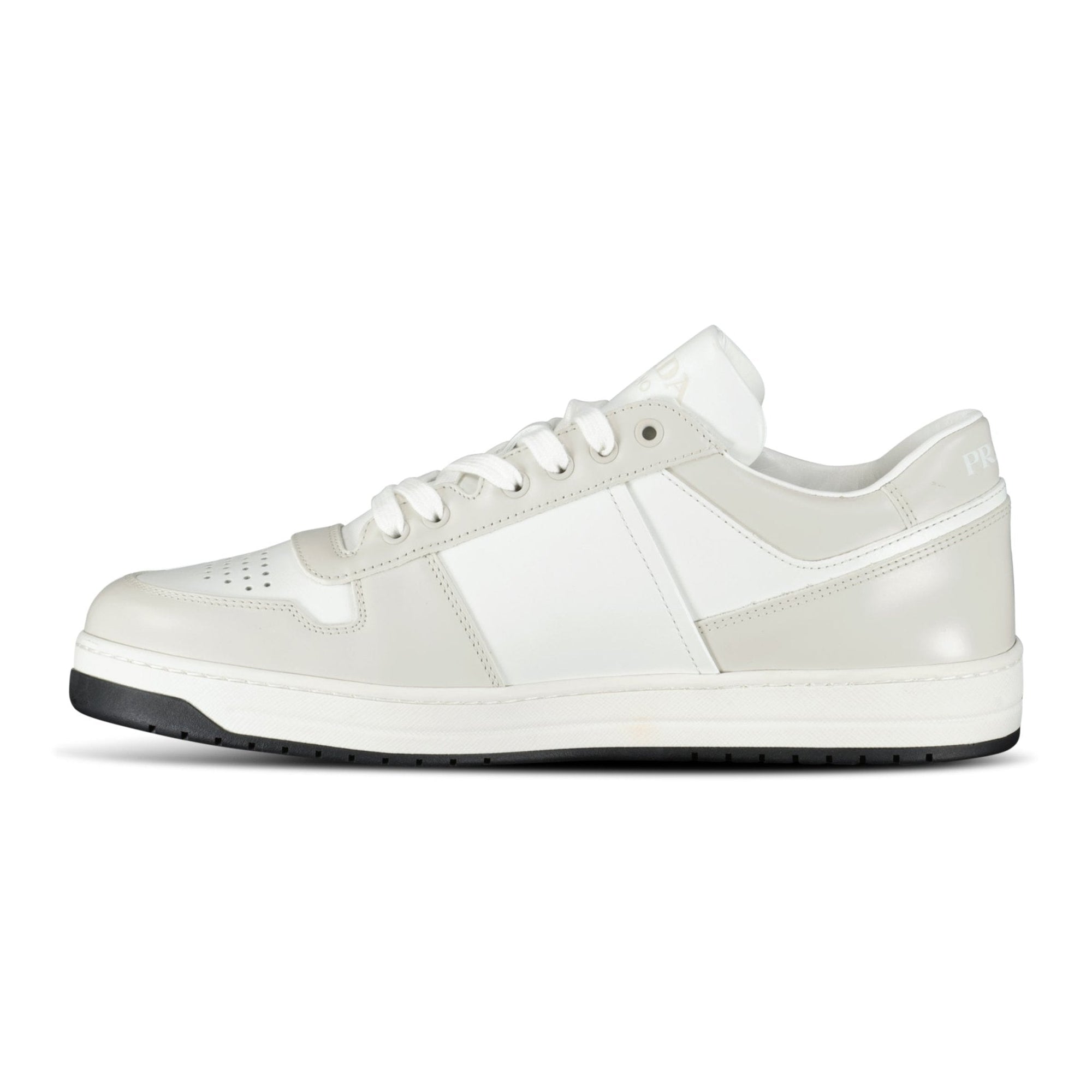 Prada Downtown Leather Low Top Trainers in White and Beige
