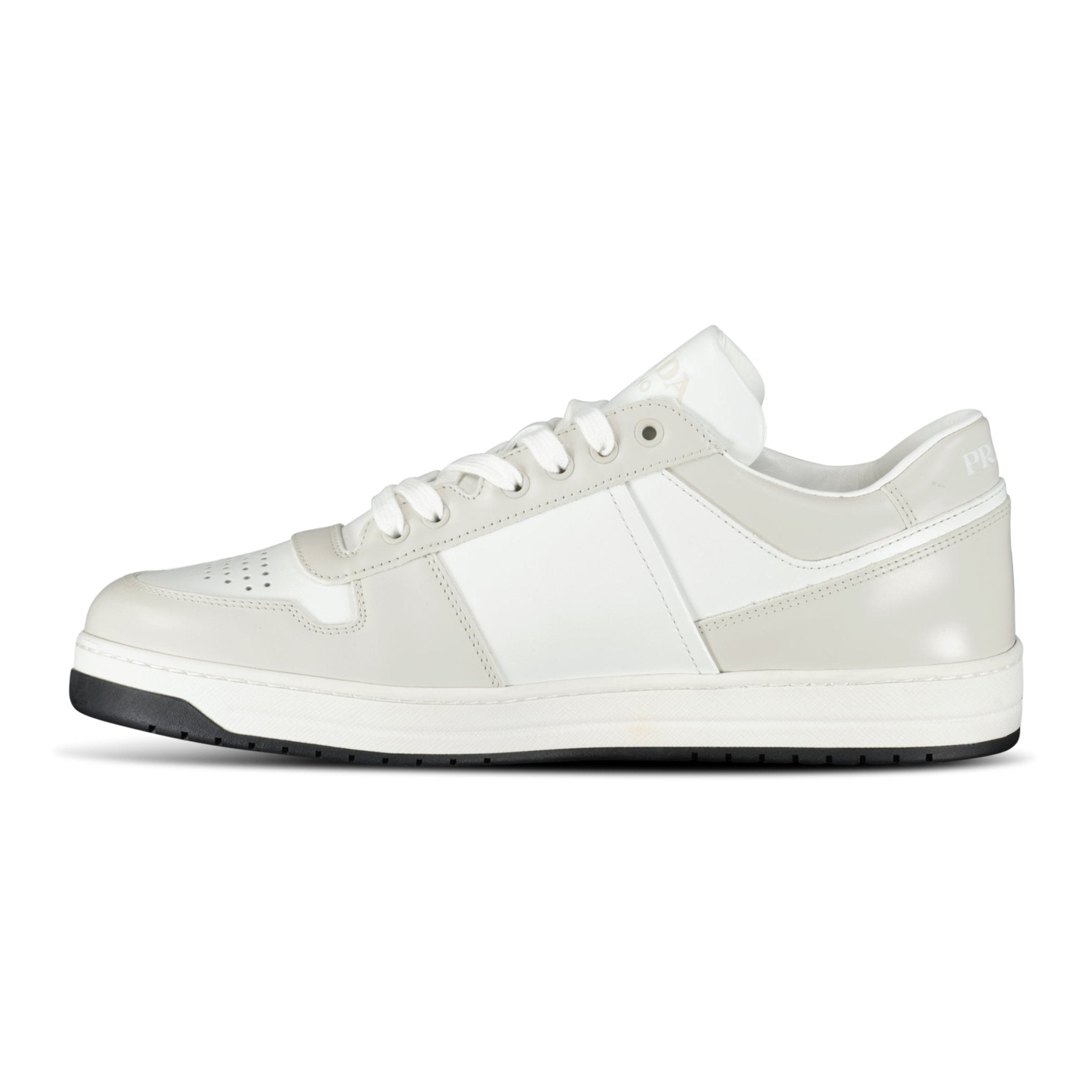 Prada Downtown Leather Low Top Trainers in White and Beige