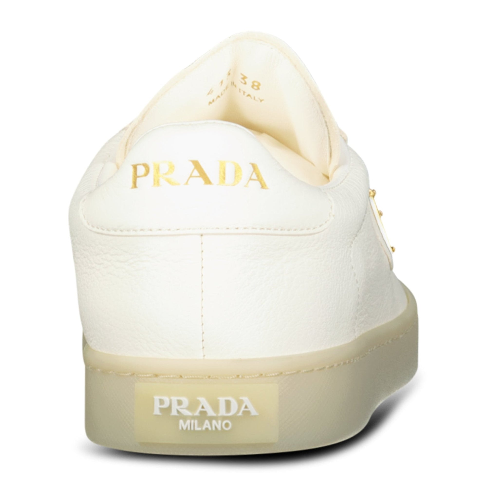 Prada Leather Trainers with Gold Metal Appliqué in Avorio