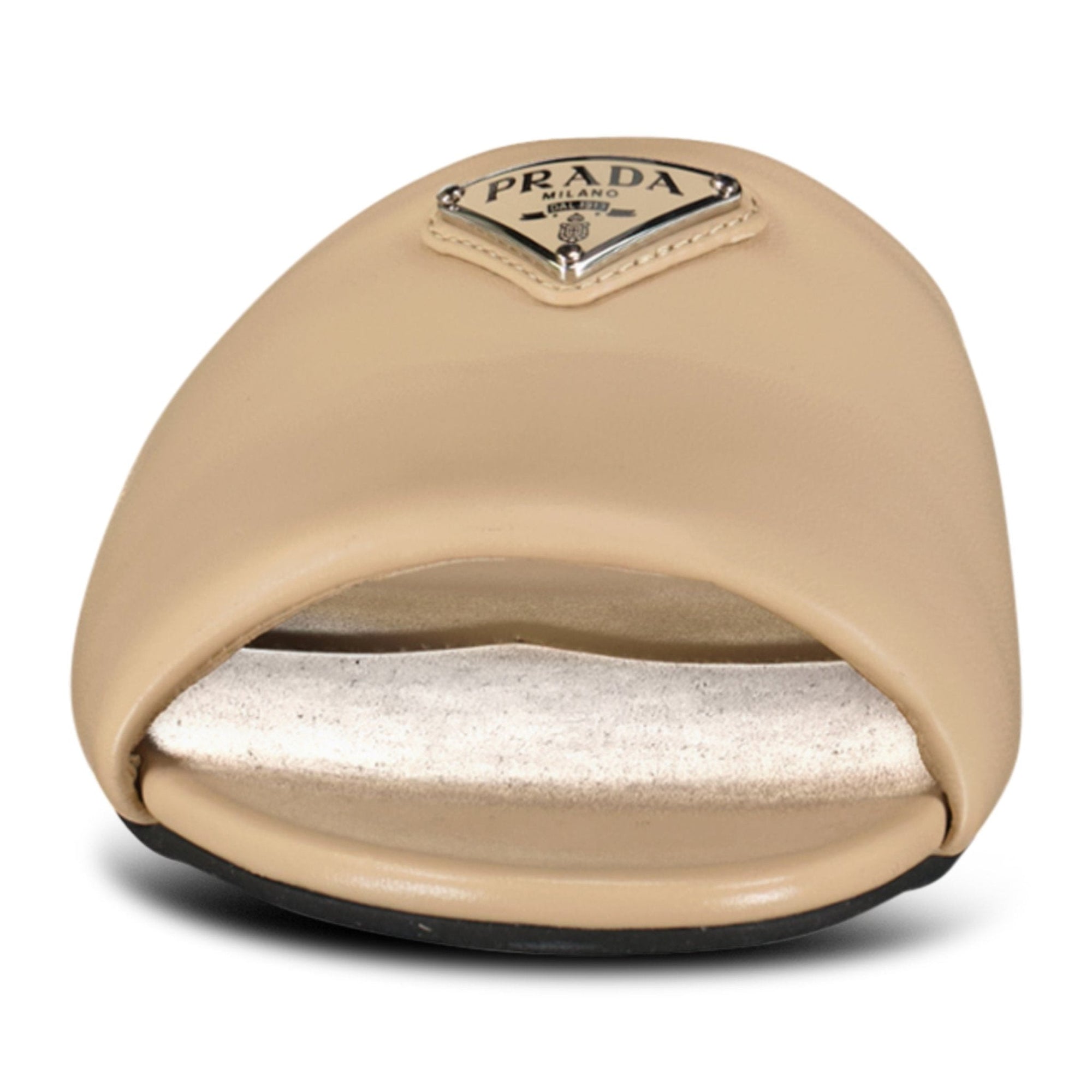 Prada Triangle Logo Puffer Sliders Beige