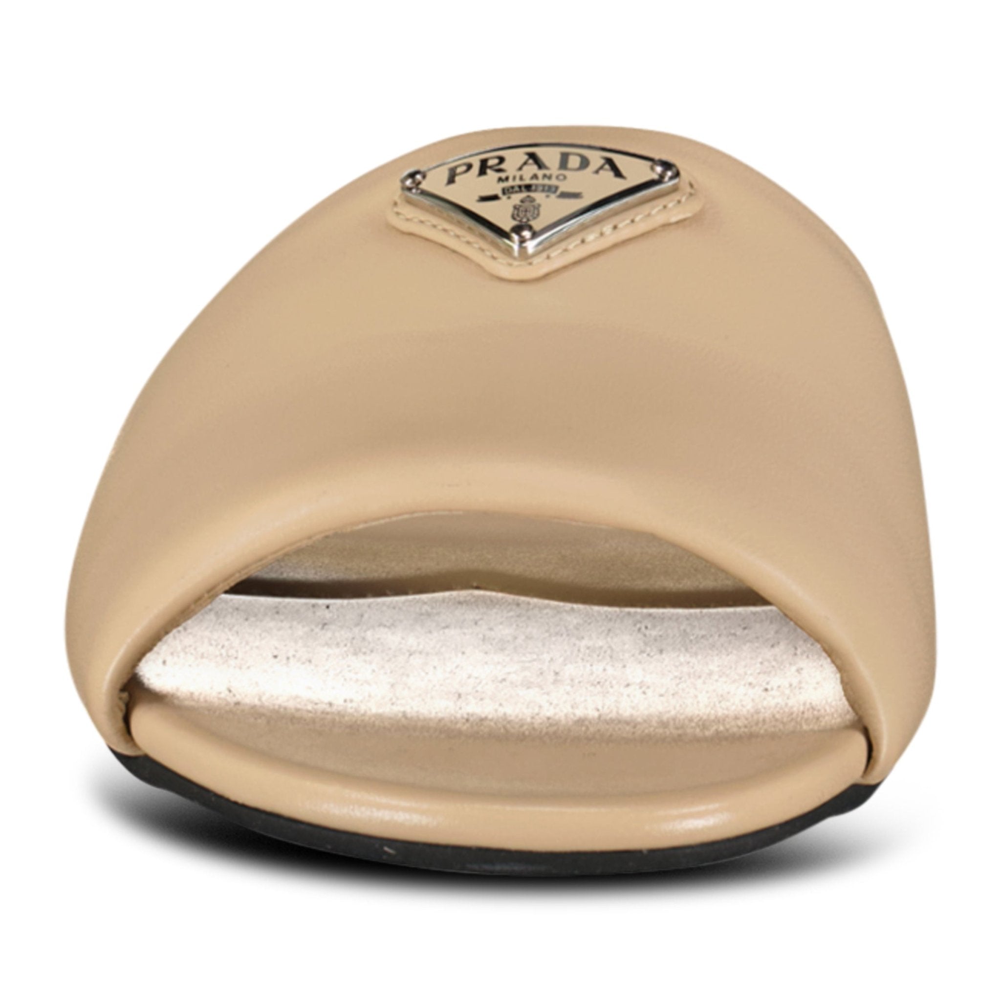 Prada Triangle Logo Puffer Sliders Beige